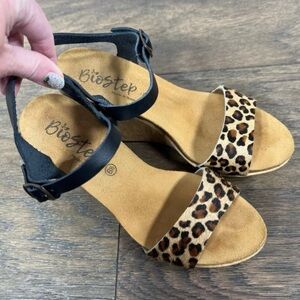BIOSTEP Leopard Print Calf Hair Wedge Sandals Brown/Black Sz 6.5 EUC